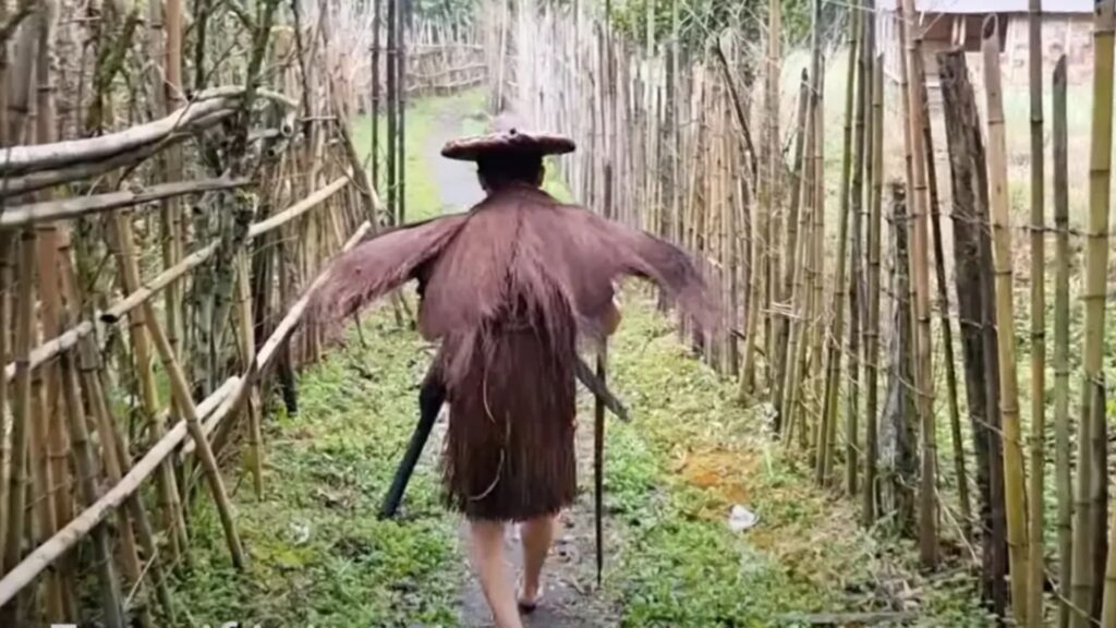 Idu Mishmi man wearing a rain cloak made of palm leaves walking through bamboo fencing.