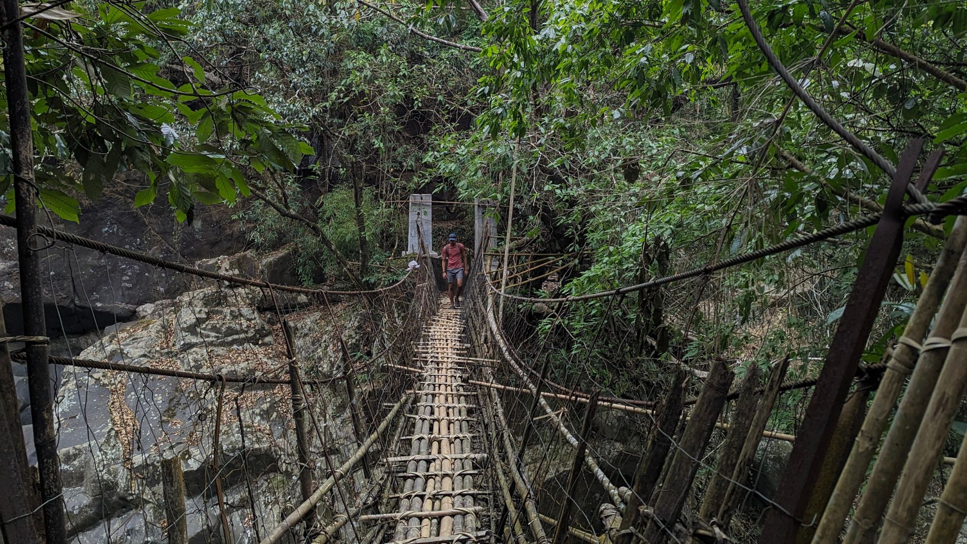 Narrow bamboo suspension bridge over a rocky stream in dense forest.