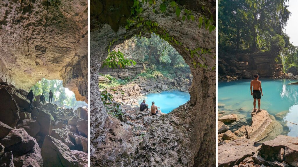 Natural rock window overlooking blue pool