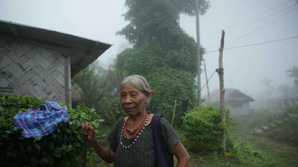 Elder Konyak woman smiling outside her home in fog.