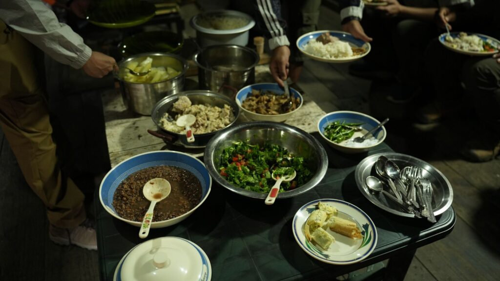 Assorted dishes served in bamboo kitchen