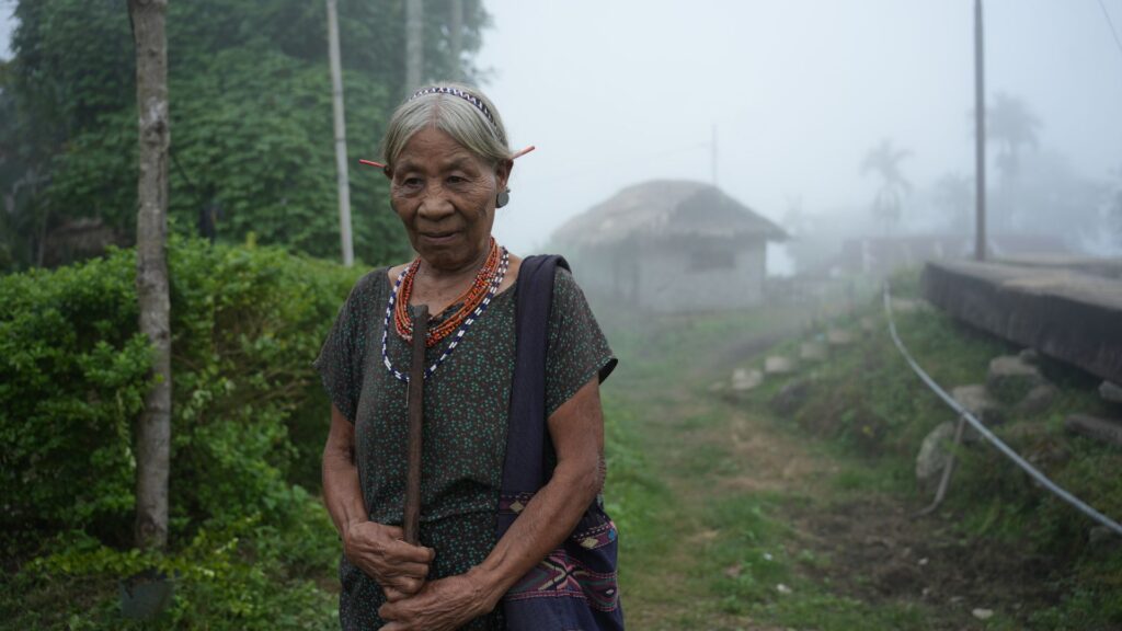 Apatani elder wearing traditional bead jewellery outdoors