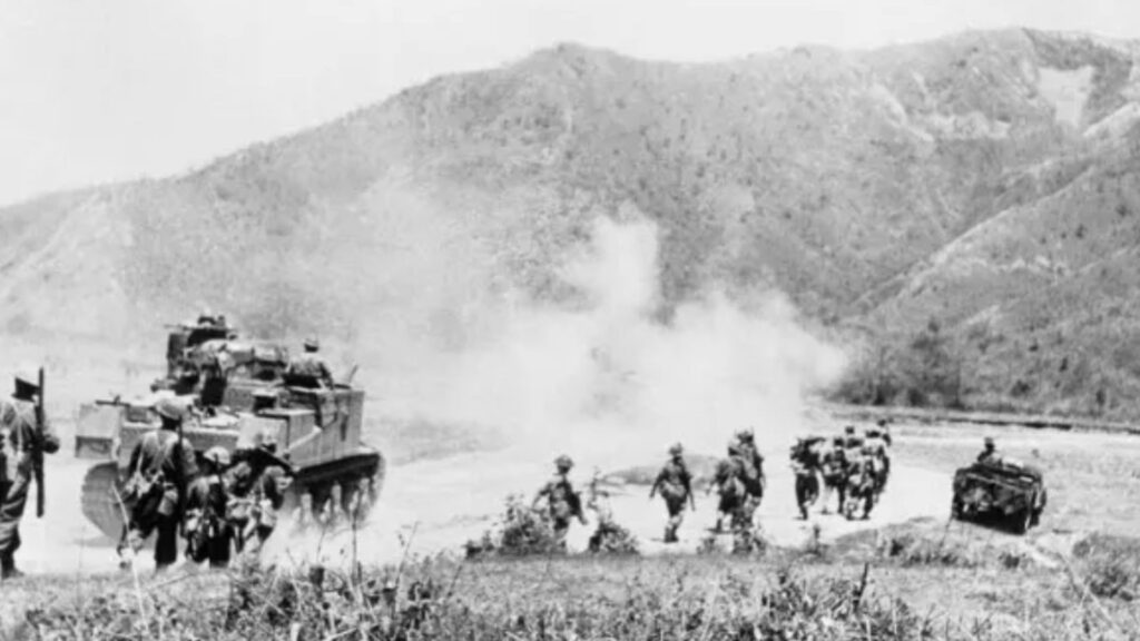 Allied troops advancing through Naga hills during World War II