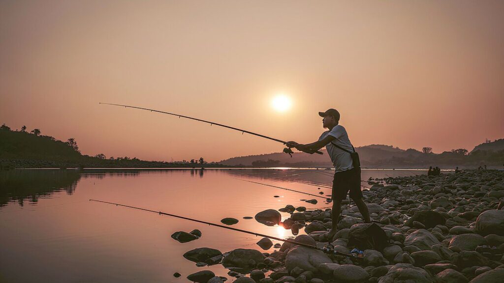 Angler casting a fishing line at sunset on a calm river