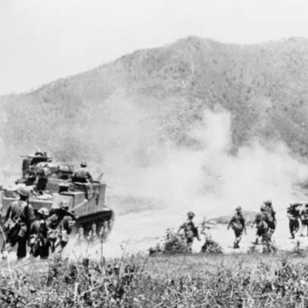 Allied troops advancing through Naga hills during World War II