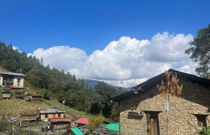 Stone houses and narrow pathway inside Himalayan mountain village