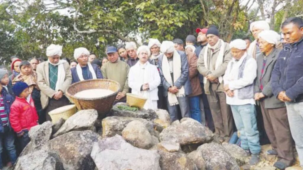 Community gathered around stone ritual site