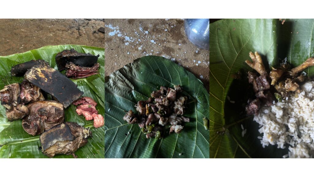 Traditional Garo meat meal served on leaves