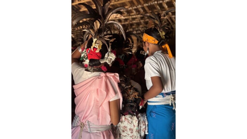 Women in feathered headgear at festival