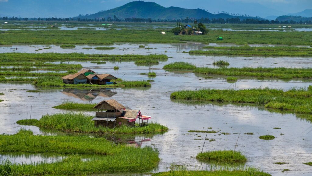 Loktak Lake and floating huts