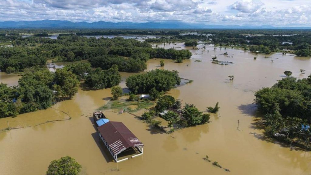 Flooded villages and fields in Assam